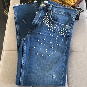 Zara Raw Edge Pearl Embellished Jeans 